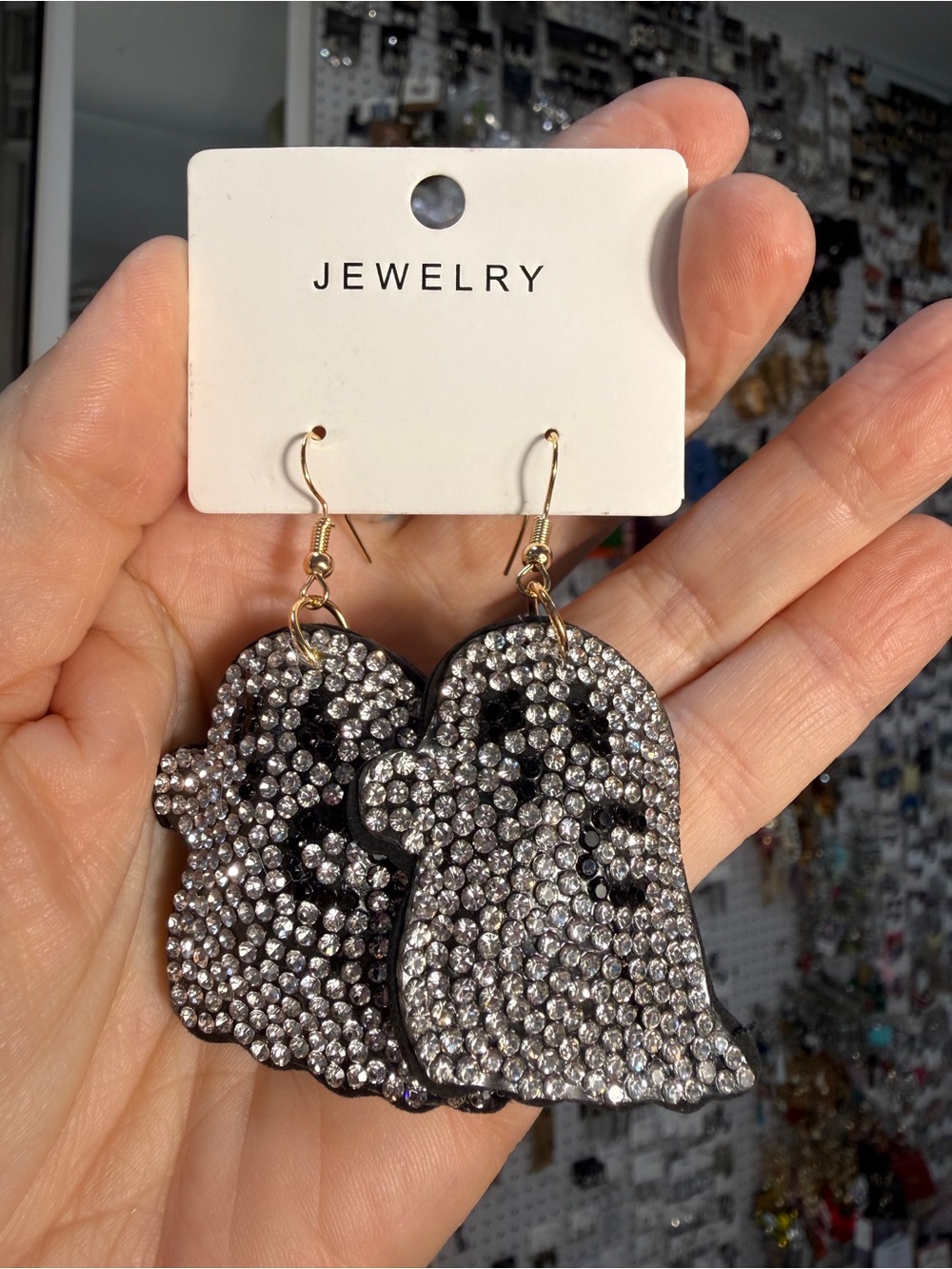 Gold Hook Black & Silver Crystal Ghost Drop Earrings